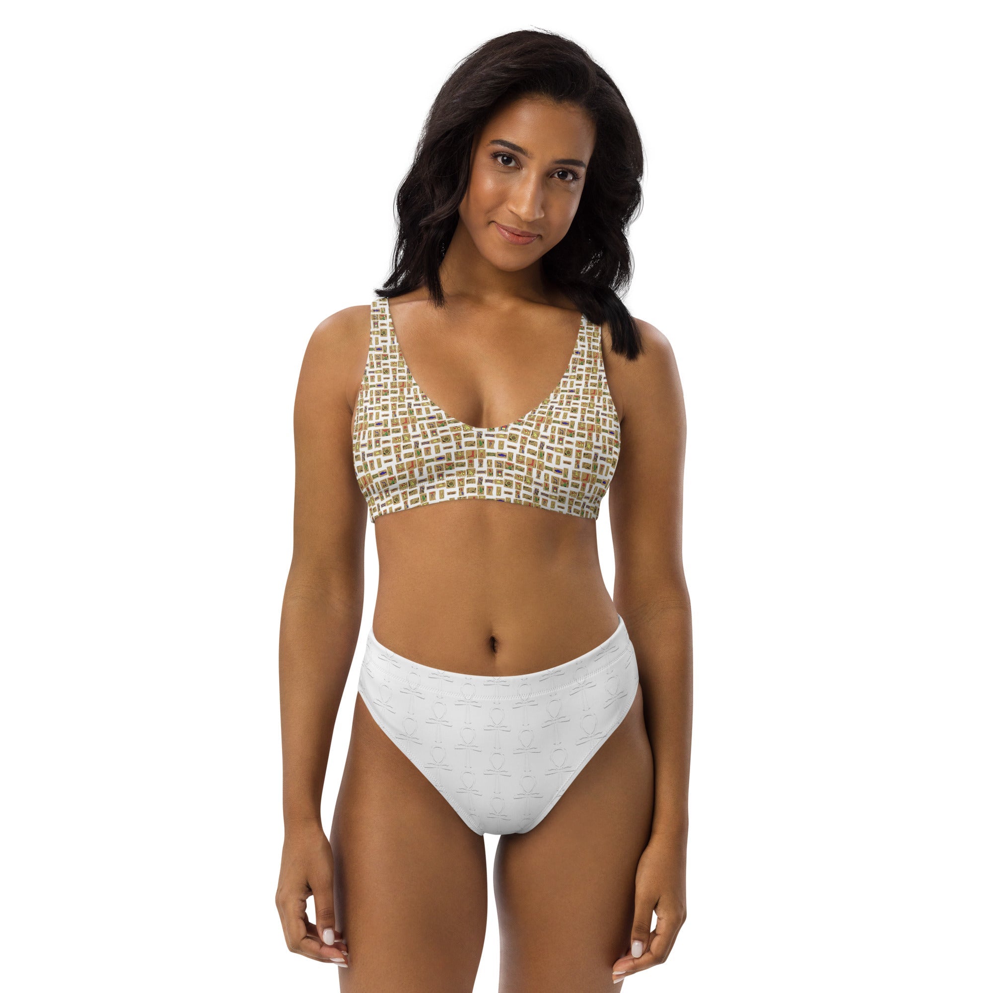 Egyptian Hieroglyphs Subliminal Ankh Cross high - waisted bikini (White)(6 Colors Available) - Conscious Apparel Store