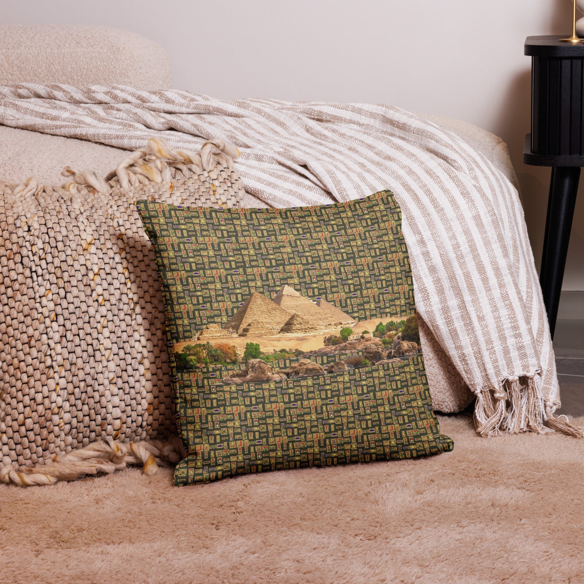 Egyptian Pyramids Hieroglyphics Premium Pillow (Olive) - Conscious Apparel Store