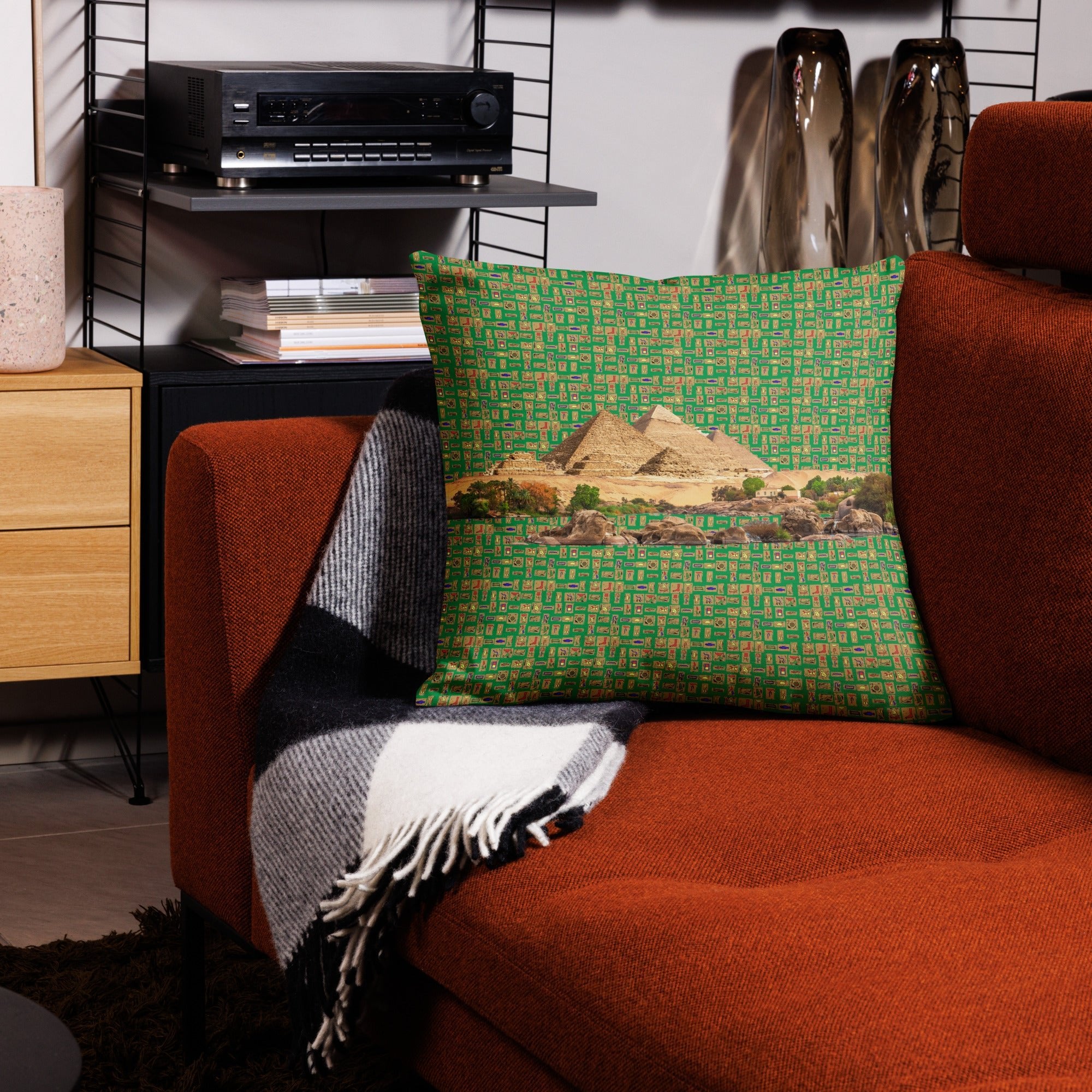 Egyptian Pyramids Hieroglyphics Premium Throw Pillow (Green) - Conscious Apparel Store