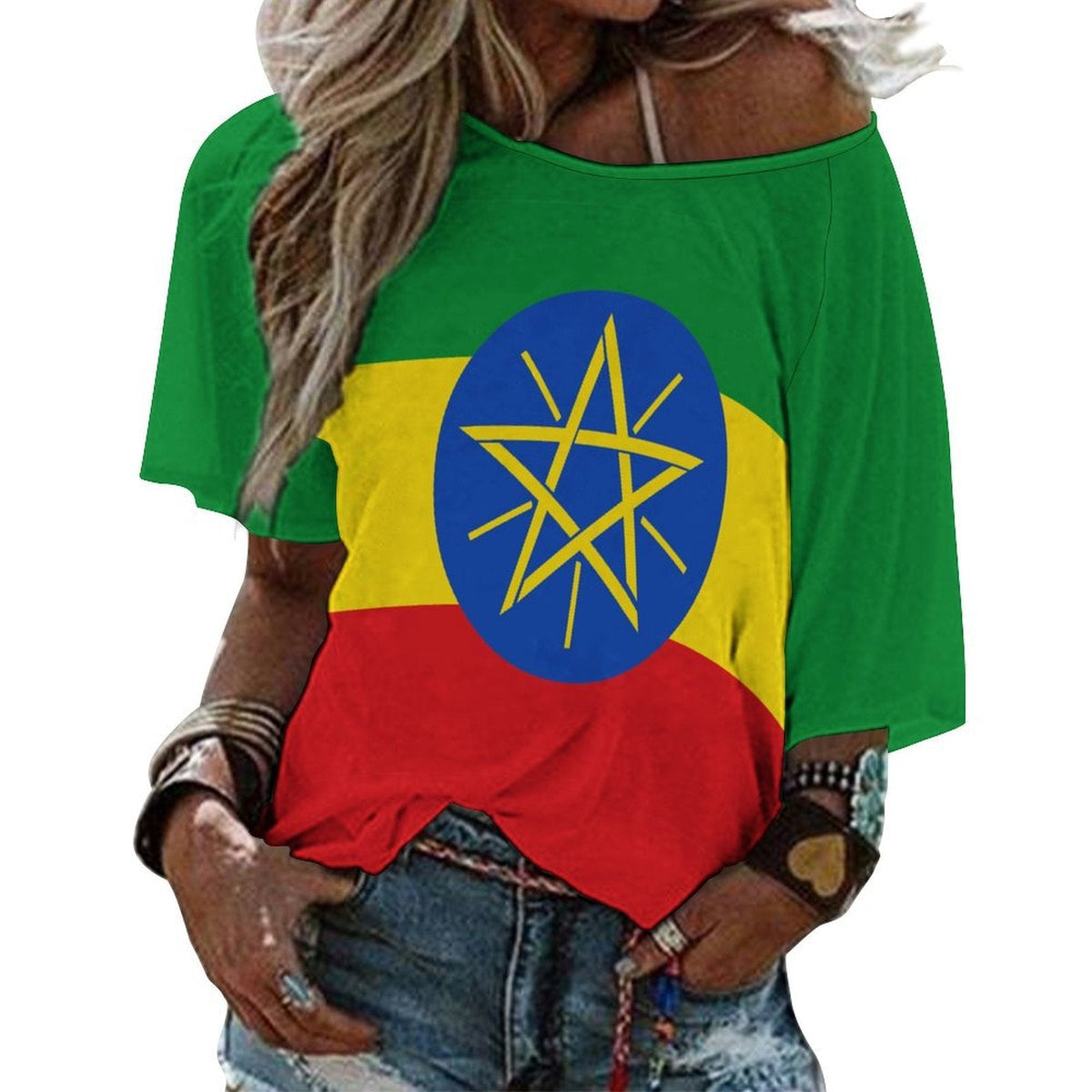 Ethiopia Flag Women’s Loose Half-Sleeve Boat Neck T-Shirt - Conscious Apparel Store