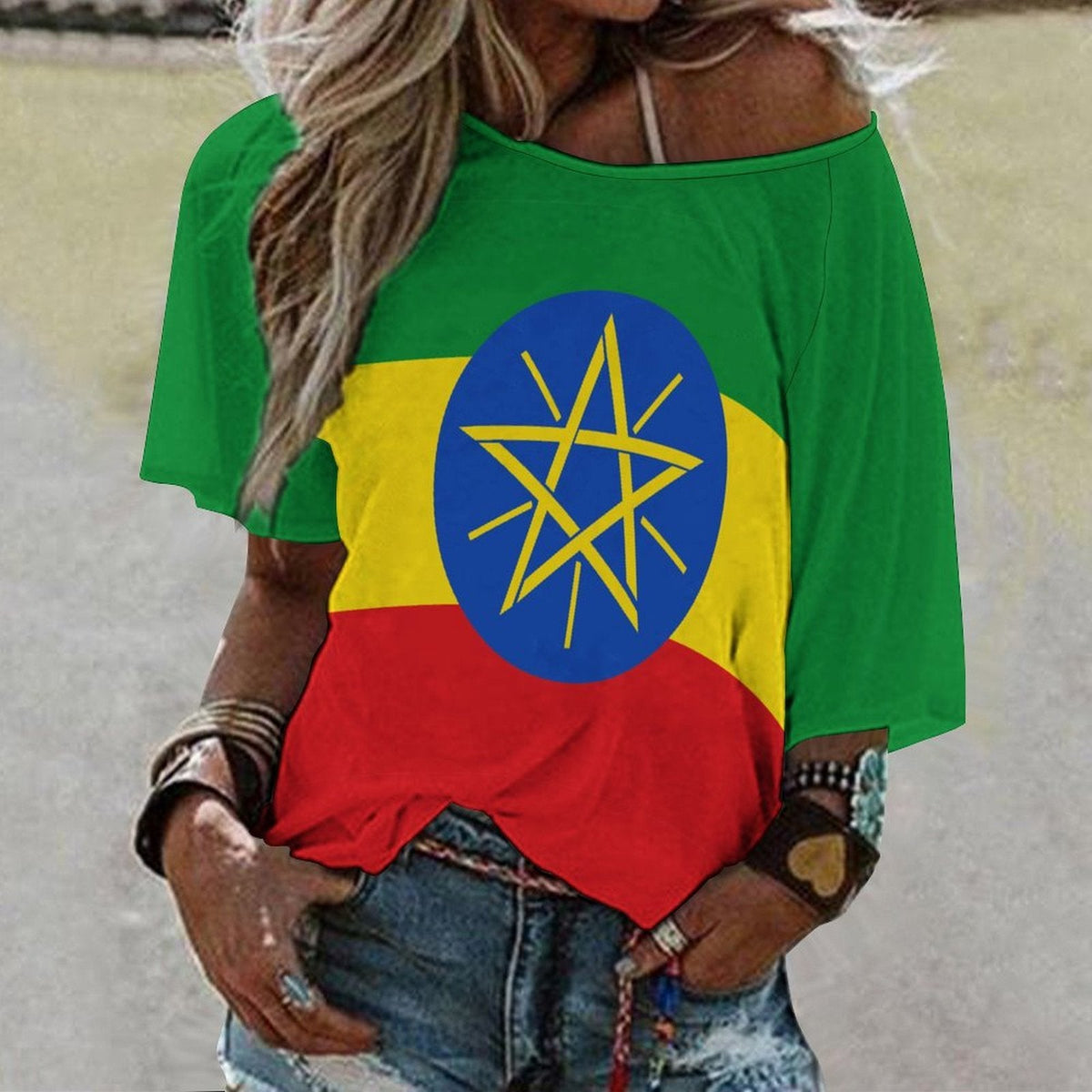 Ethiopia Flag Women’s Loose Half-Sleeve Boat Neck T-Shirt - Conscious Apparel Store