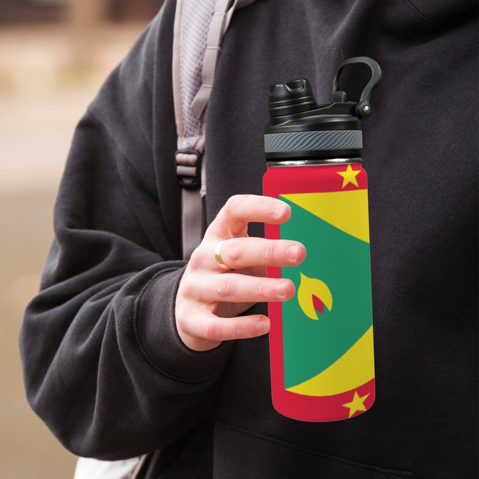 Grenada Flag Insulated Water Bottle with Dual - Use Lid (18oz) - Conscious Apparel Store