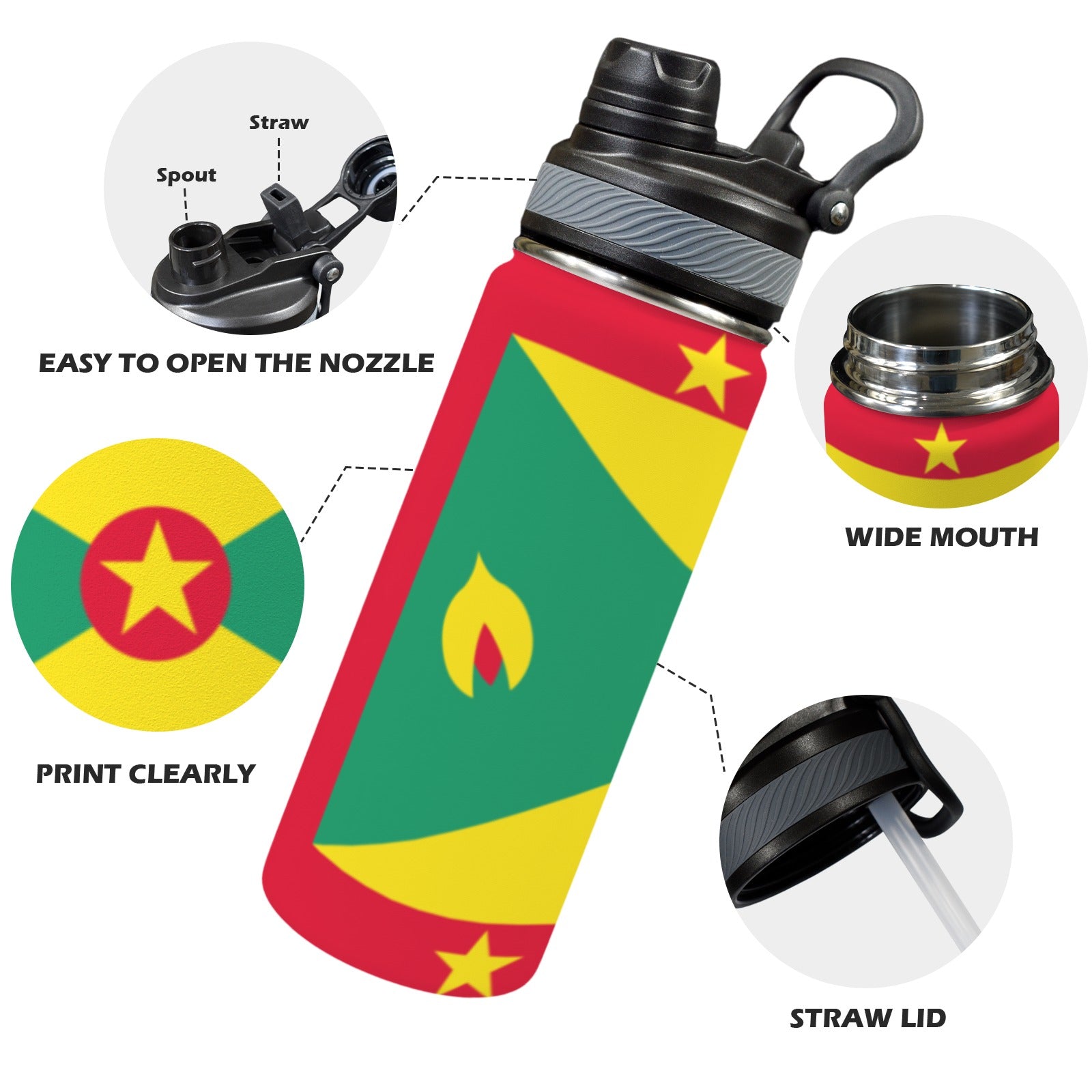 Grenada Flag Insulated Water Bottle with Dual - Use Lid (18oz) - Conscious Apparel Store