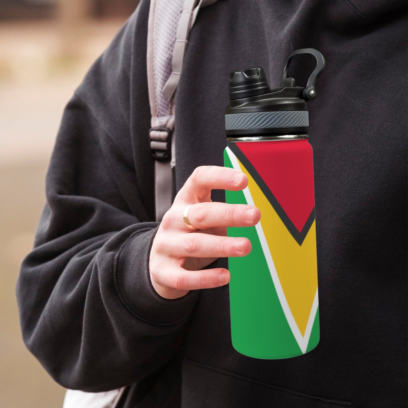 Guyana Flag Insulated Water Bottle with Dual - Use Lid (18oz) - Conscious Apparel Store