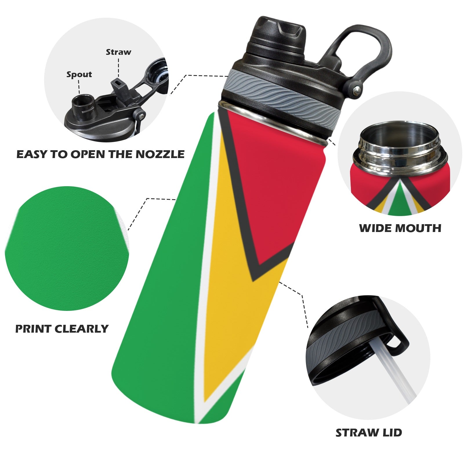 Guyana Flag Insulated Water Bottle with Dual - Use Lid (18oz) - Conscious Apparel Store