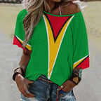 Guyana Flag Women’s Loose Half-Sleeve Boat Neck T-Shirt - Conscious Apparel Store