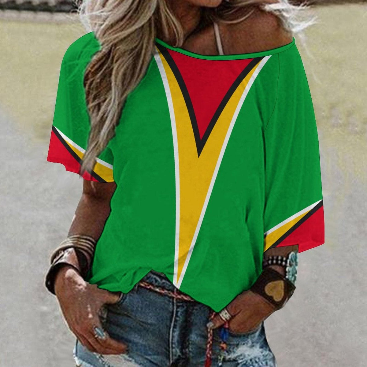 Guyana Flag Women’s Loose Half-Sleeve Boat Neck T-Shirt - Conscious Apparel Store
