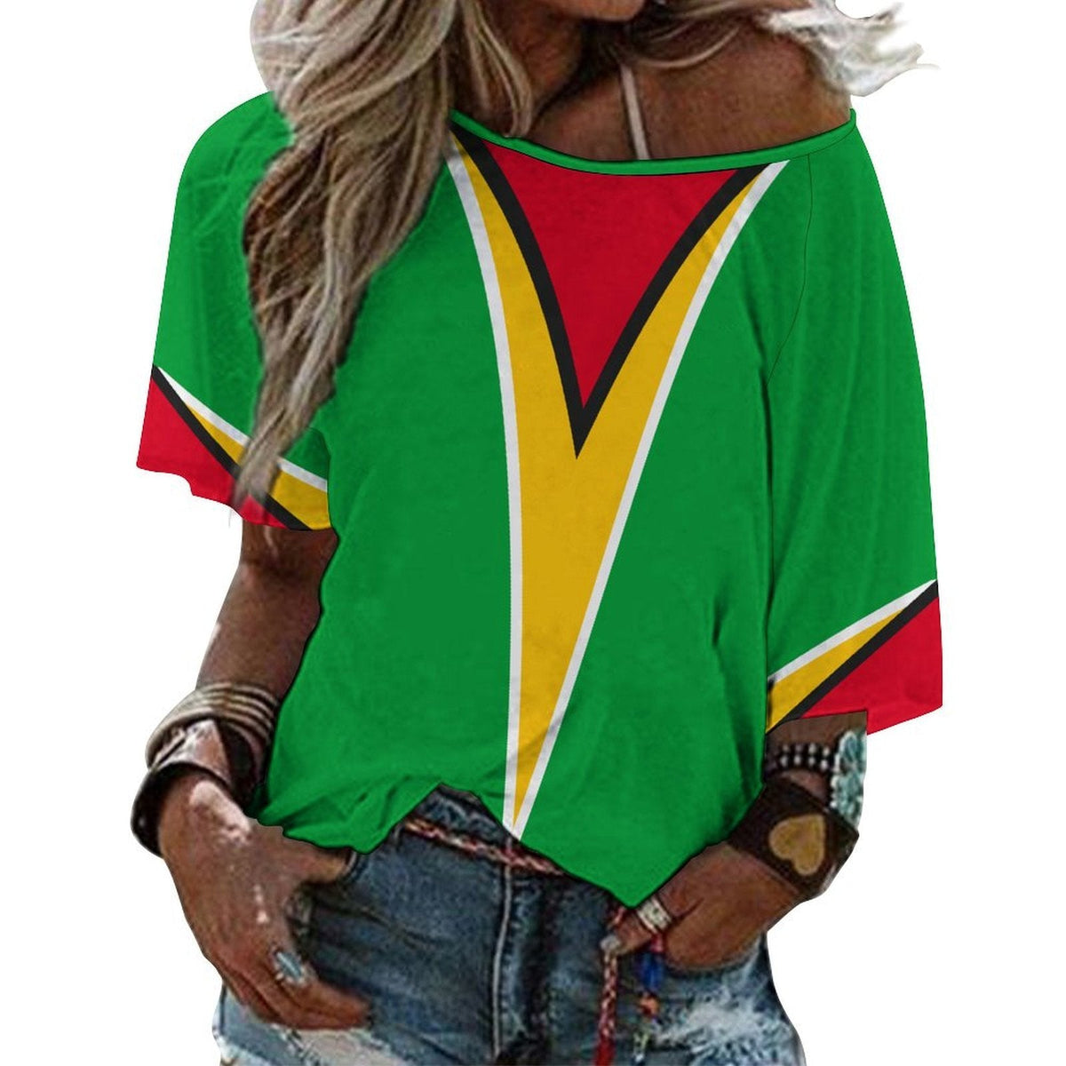 Guyana Flag Women’s Loose Half-Sleeve Boat Neck T-Shirt - Conscious Apparel Store