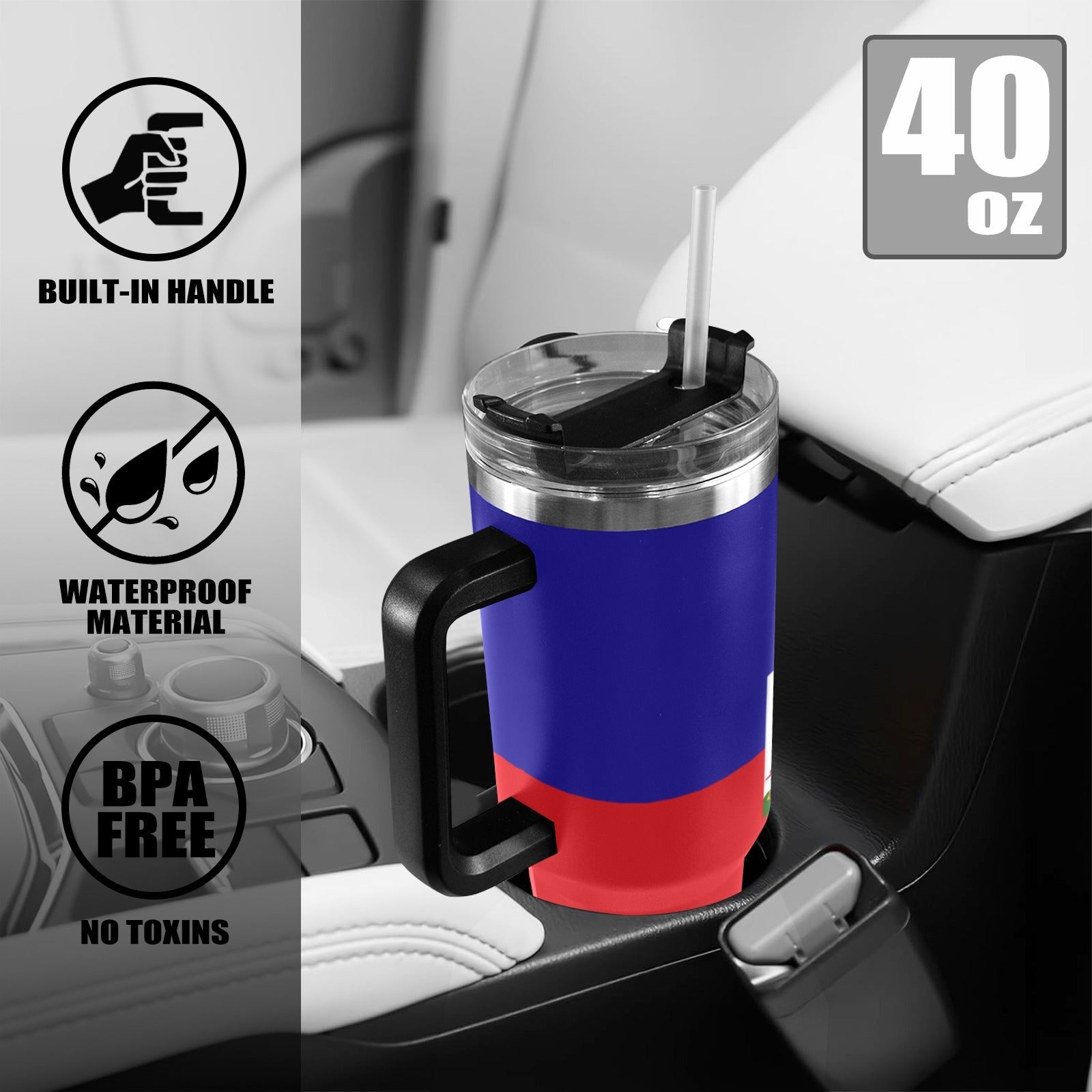Haiti Flag 40oz Tumbler with Black Handle - Conscious Apparel Store