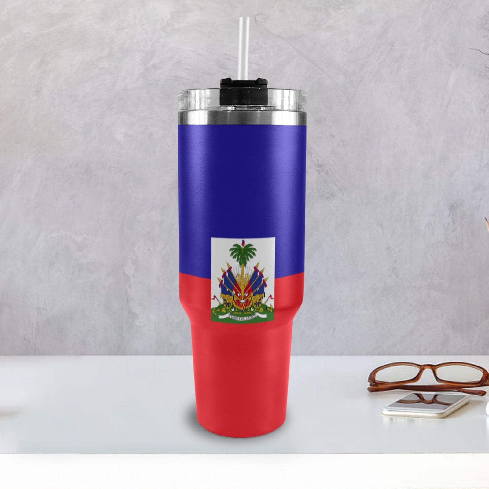 Haiti Flag 40oz Tumbler with Black Handle - Conscious Apparel Store
