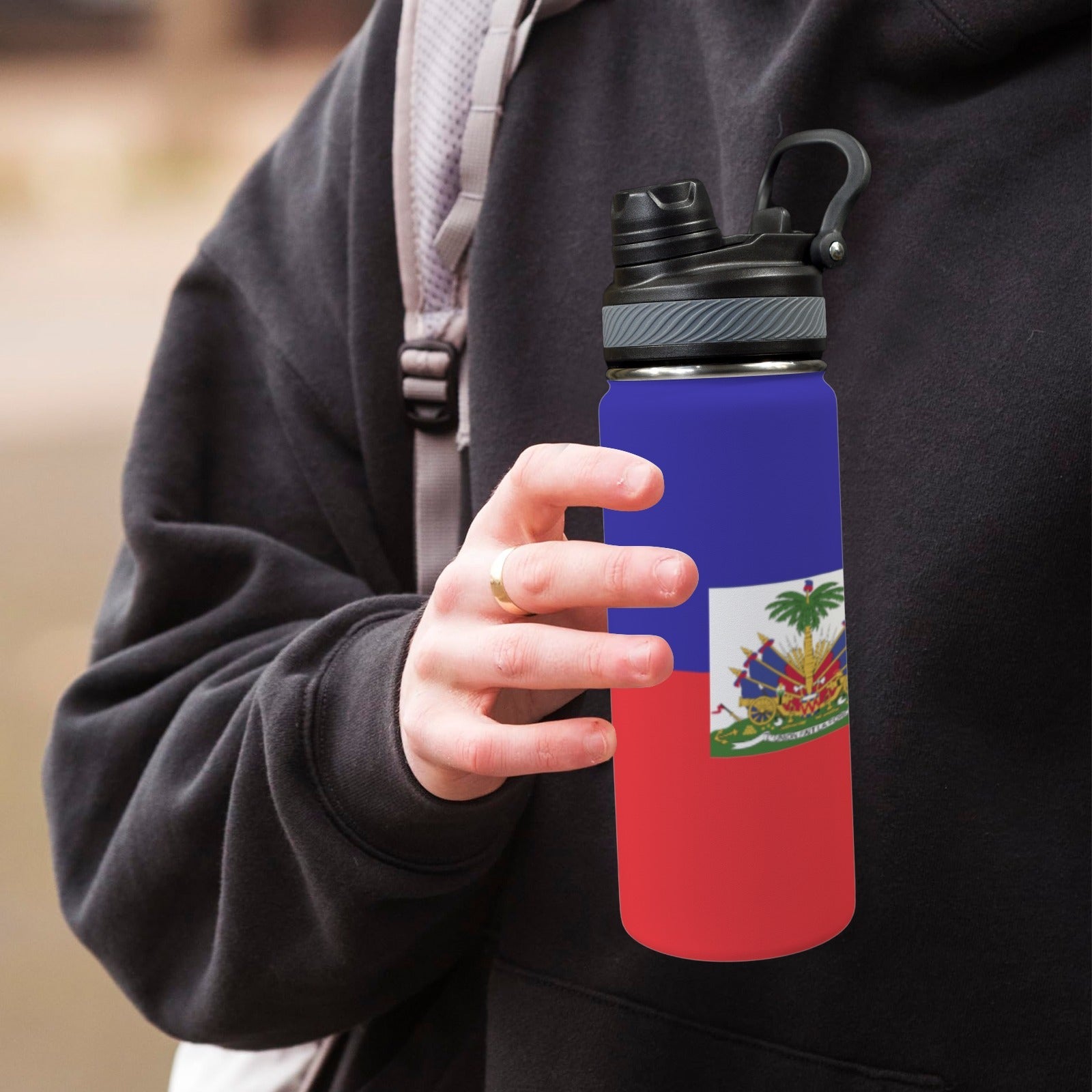 Haiti Flag Insulated Water Bottle with Dual - Use Lid (18oz) - Conscious Apparel Store