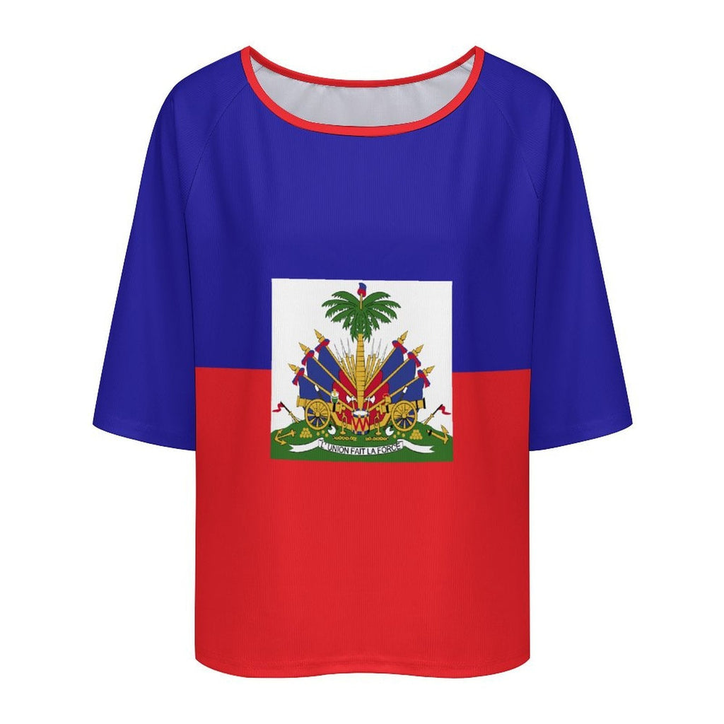 Haiti Flag Women’s Loose Half-Sleeve Boat Neck T-Shirt - Conscious Apparel Store