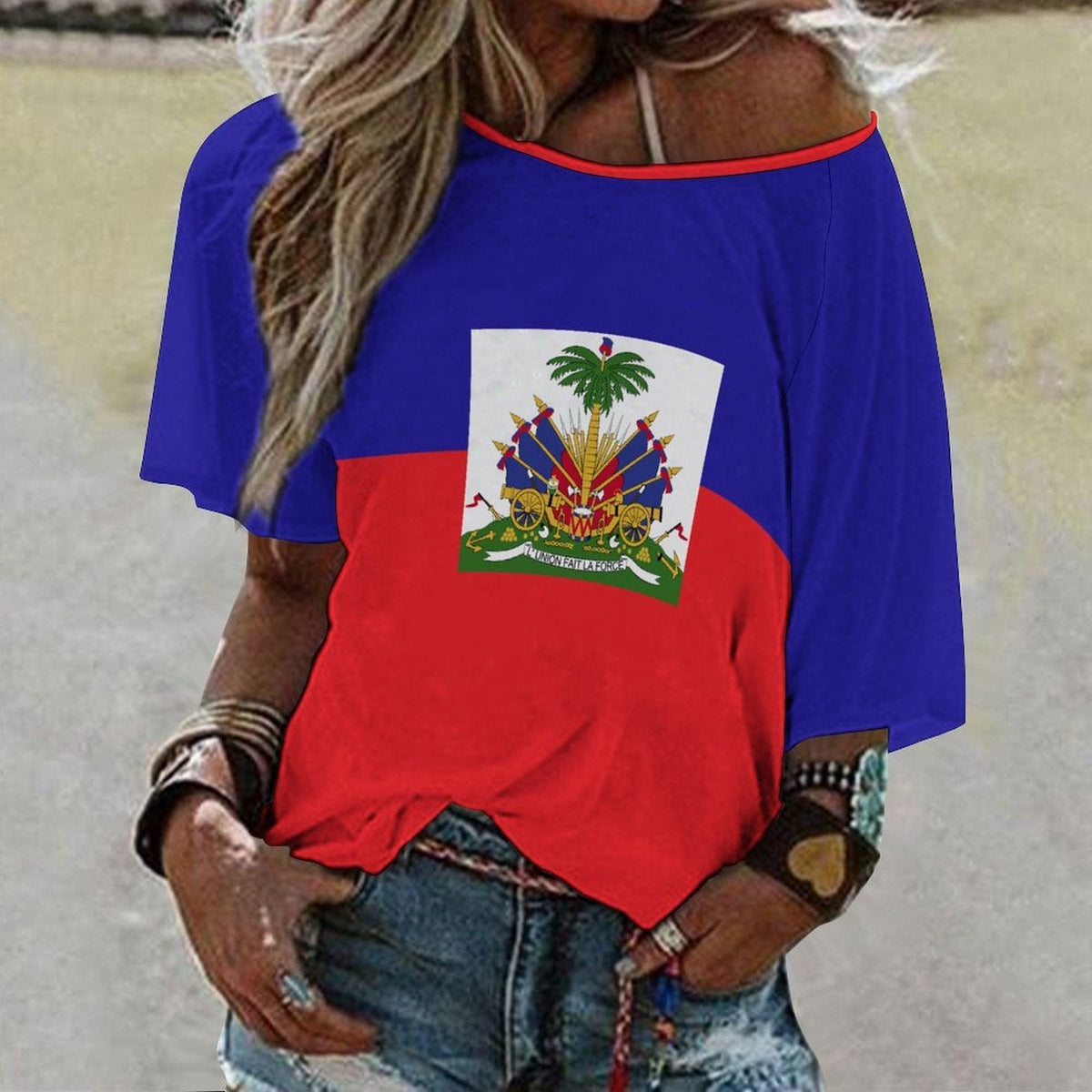 Haiti Flag Women’s Loose Half-Sleeve Boat Neck T-Shirt - Conscious Apparel Store