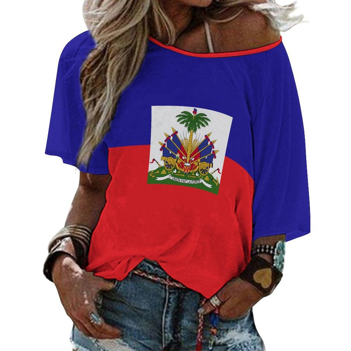 Haiti Flag Women’s Loose Half-Sleeve Boat Neck T-Shirt - Conscious Apparel Store
