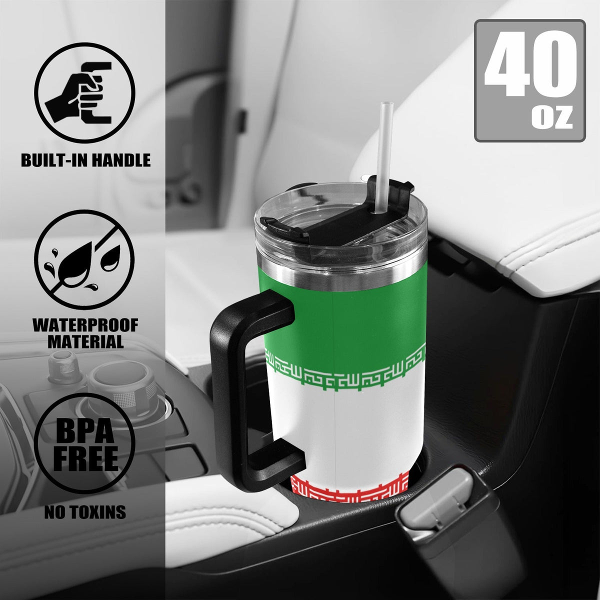 Iran FLag 40oz Tumbler with Black Handle - Conscious Apparel Store