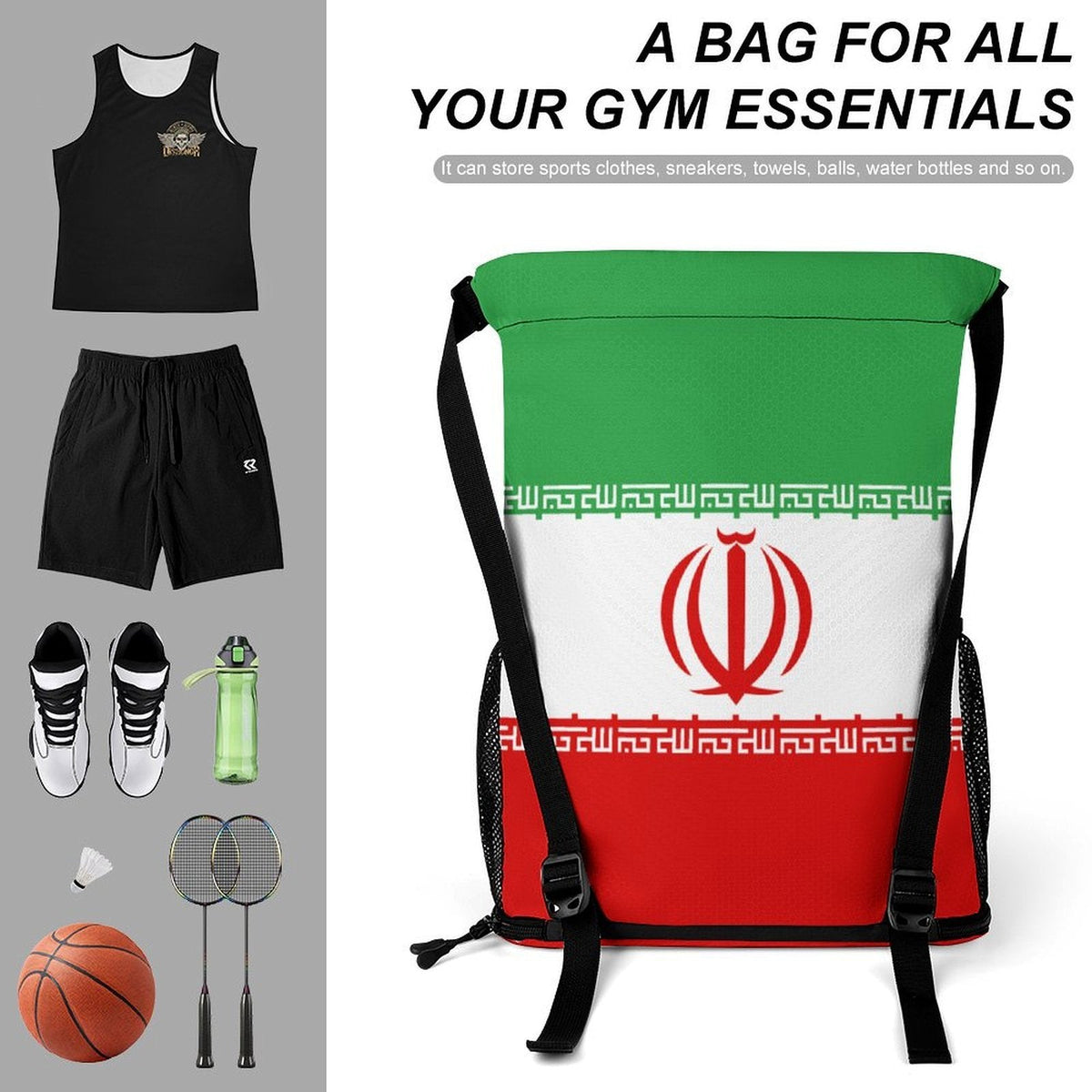 Iran Flag Sports Drawstring Bag - Conscious Apparel Store