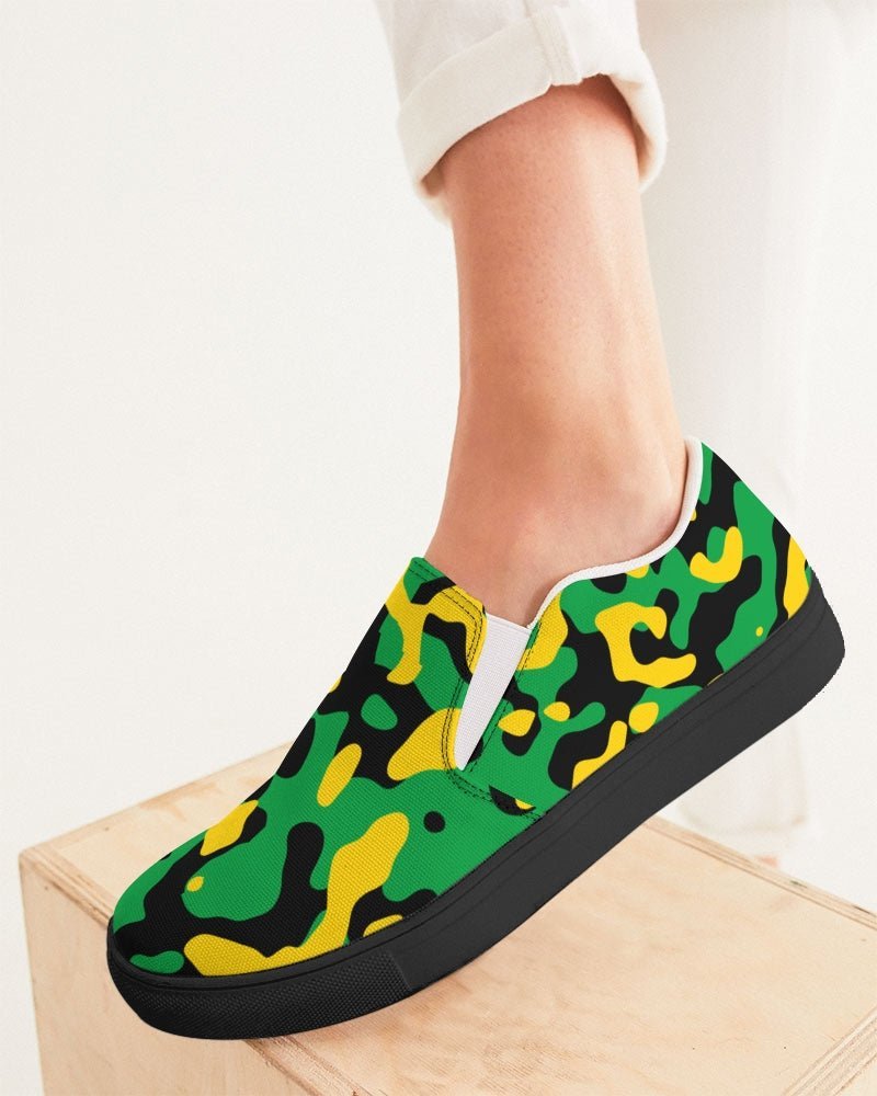 Jamaica Flag Camo Women's Slip-On Canvas Shoe - Black - Conscious Apparel Store