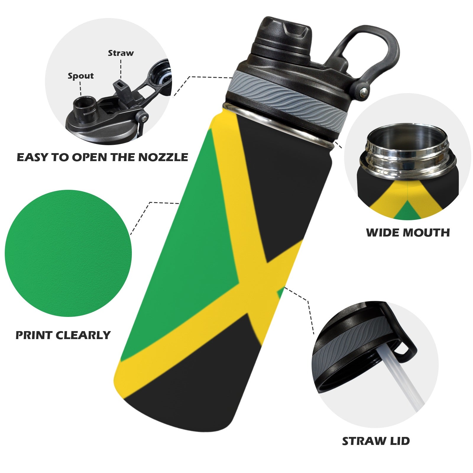 Jamaica Flag Insulated Water Bottle with Dual - Use Lid (18oz) - Conscious Apparel Store