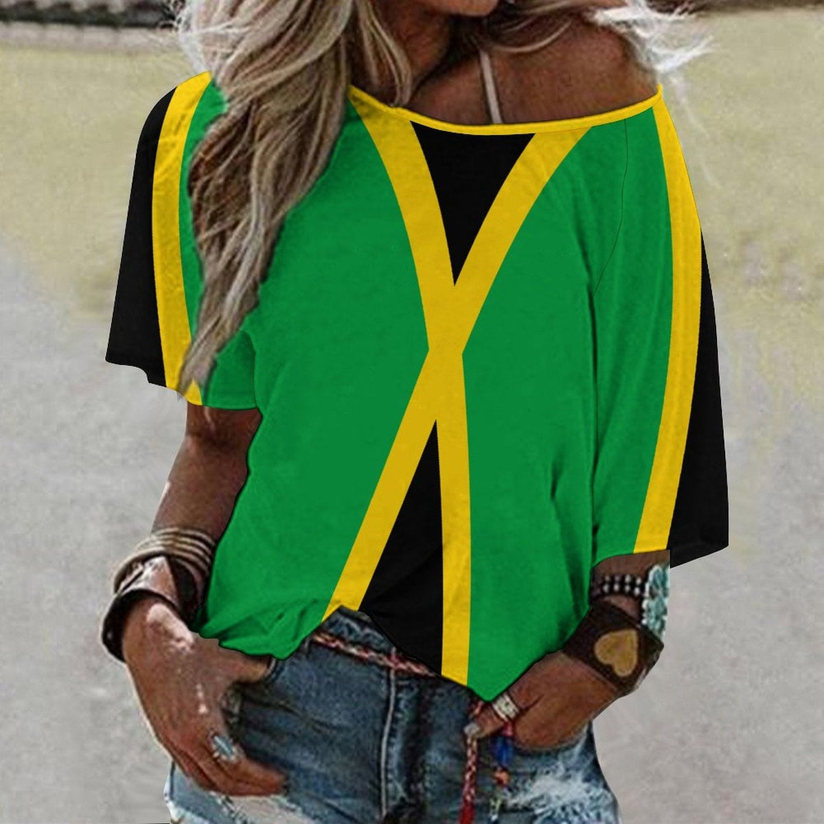 Jamaica Flag Women’s Loose Half-Sleeve Boat Neck T-Shirt - Conscious Apparel Store