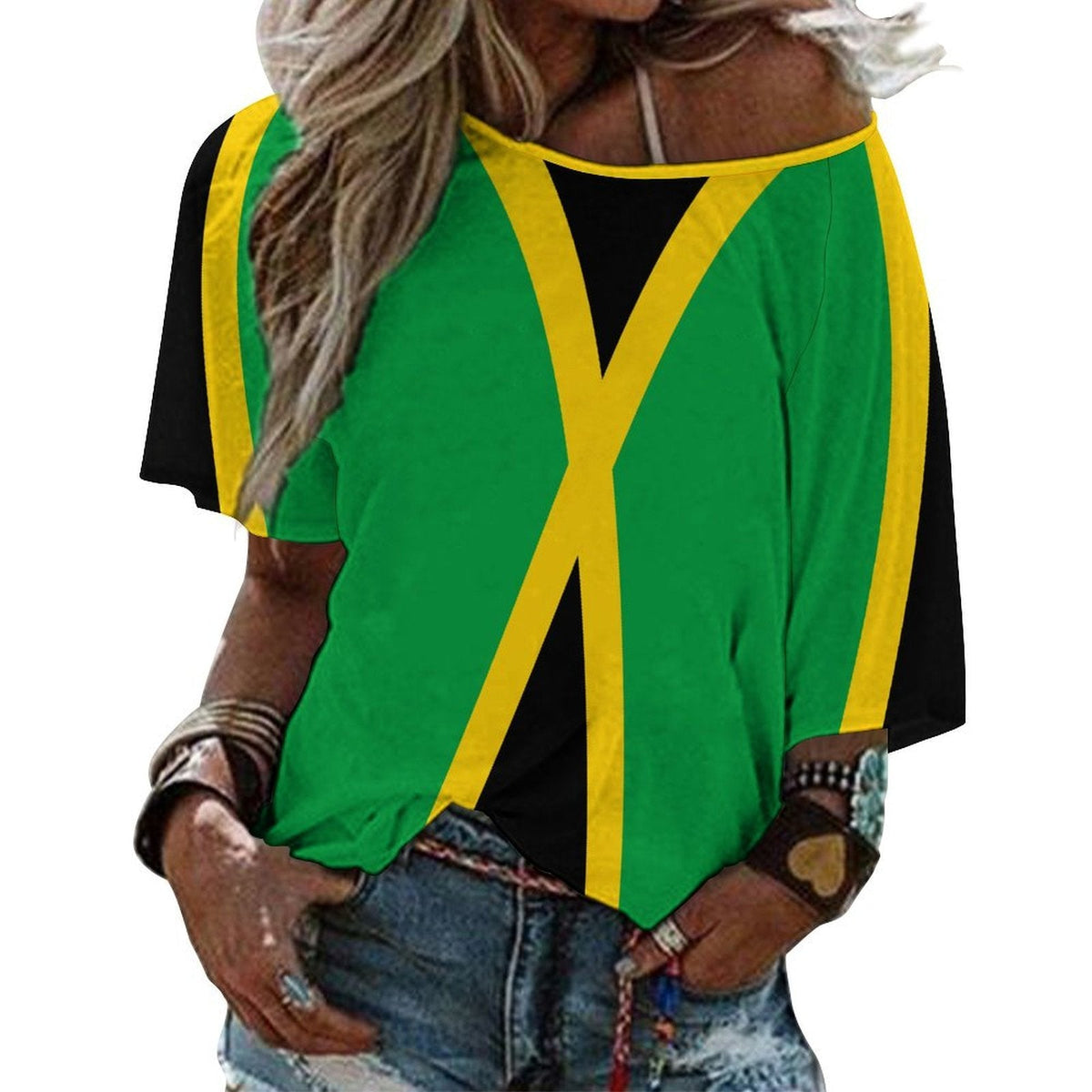 Jamaica Flag Women’s Loose Half-Sleeve Boat Neck T-Shirt - Conscious Apparel Store