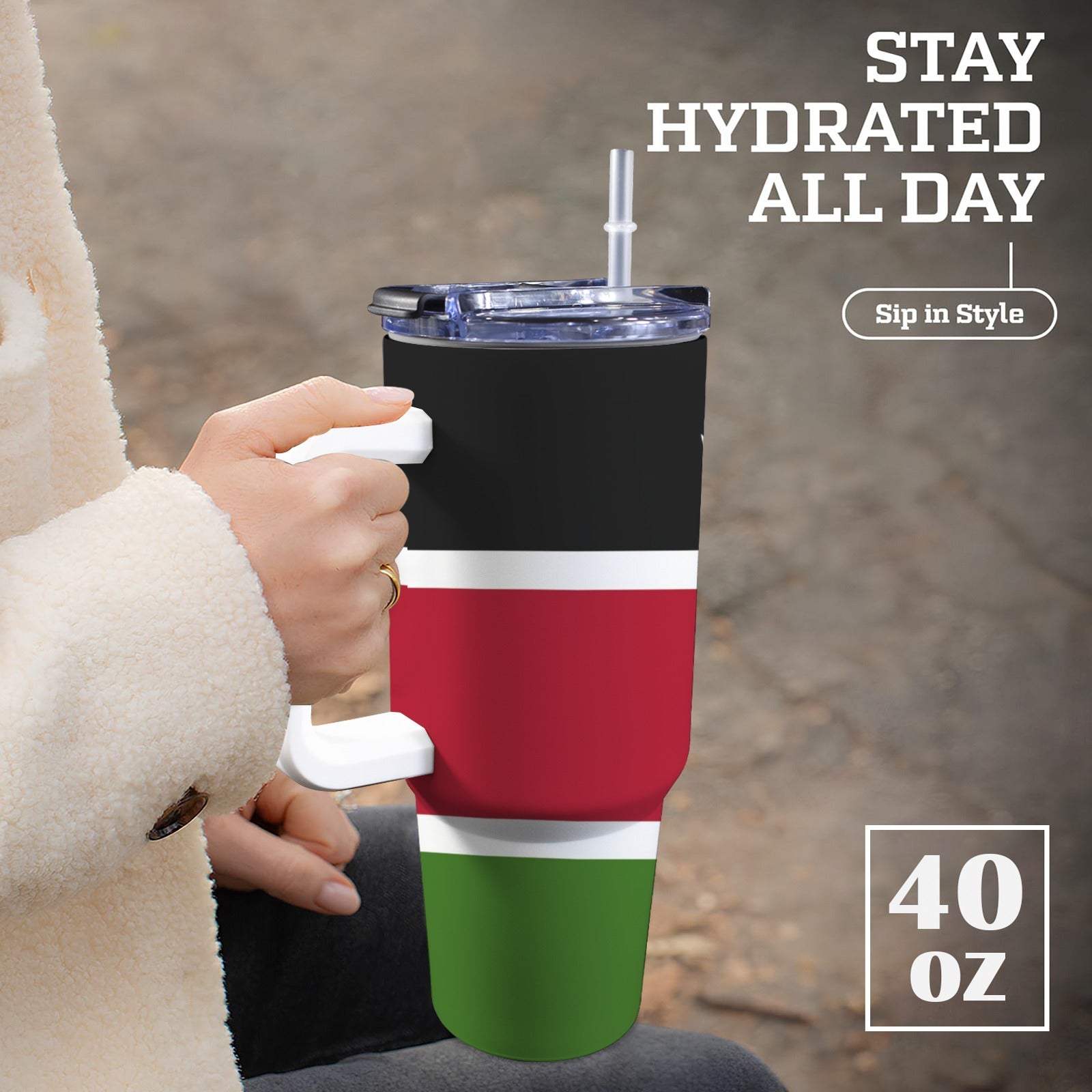 Kenya Flag 40oz Tumbler with White Handle - Conscious Apparel Store