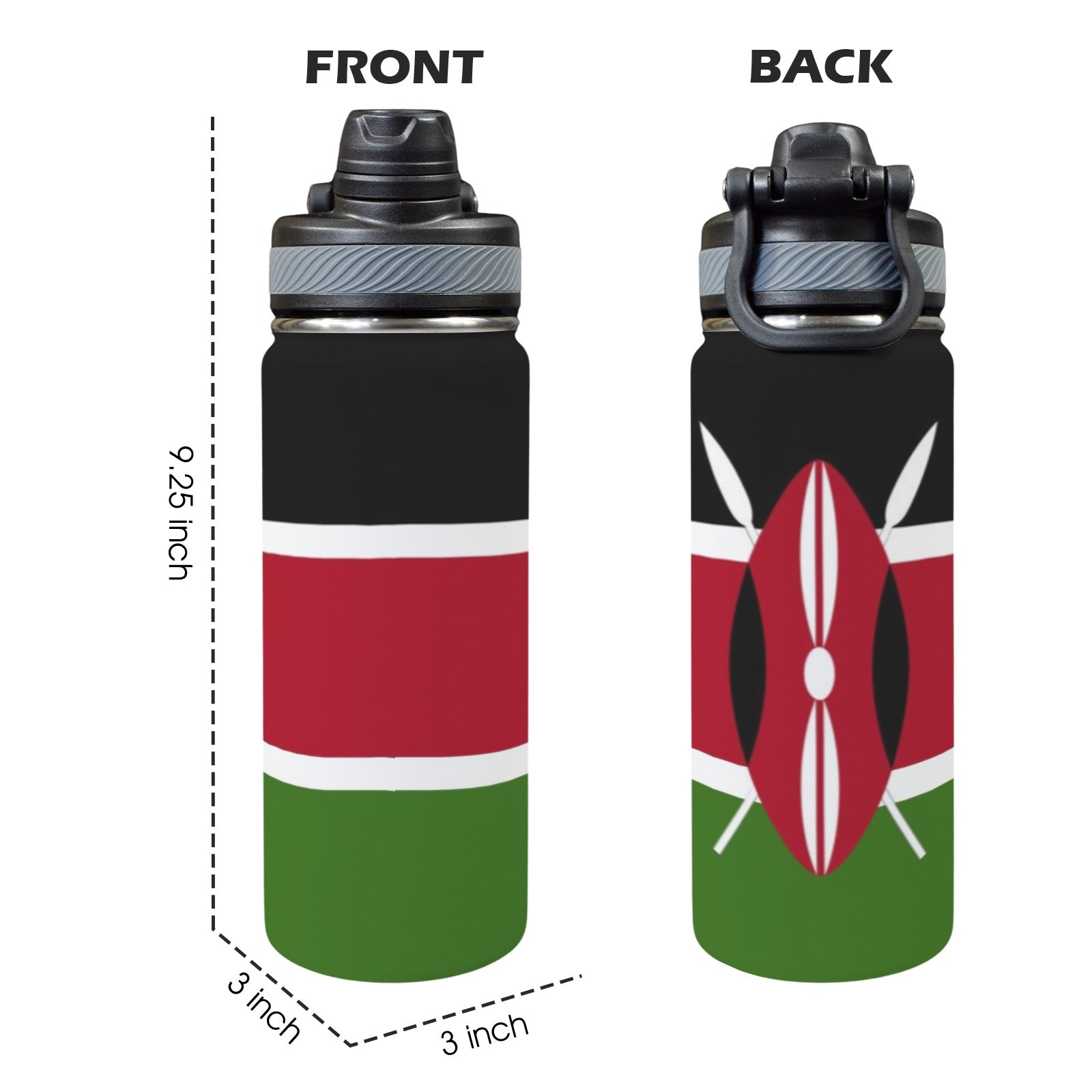 Kenya Flag Insulated Water Bottle with Dual - Use Lid (18oz) - Conscious Apparel Store