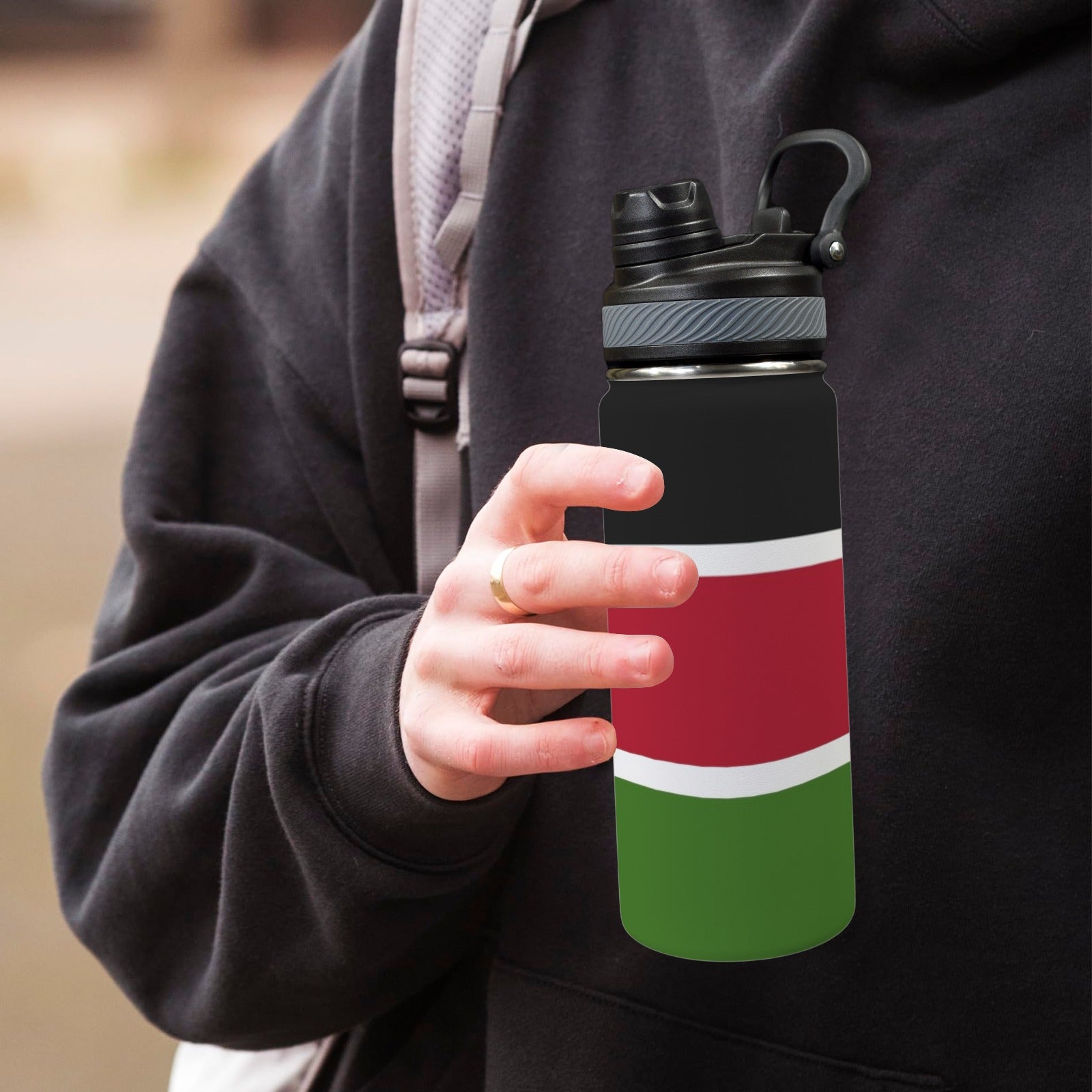 Kenya Flag Insulated Water Bottle with Dual - Use Lid (18oz) - Conscious Apparel Store