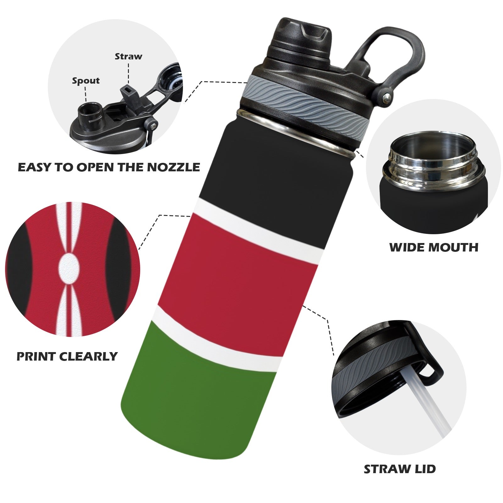 Kenya Flag Insulated Water Bottle with Dual - Use Lid (18oz) - Conscious Apparel Store