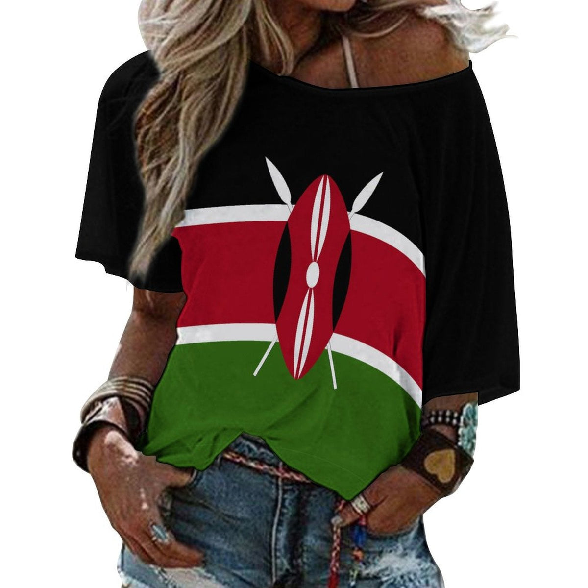 Kenya Flag Women’s Loose Half-Sleeve Boat Neck T-Shirt - Conscious Apparel Store
