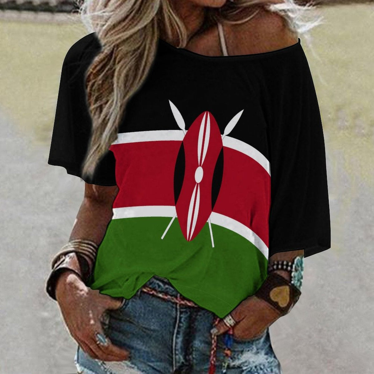 Kenya Flag Women’s Loose Half-Sleeve Boat Neck T-Shirt - Conscious Apparel Store