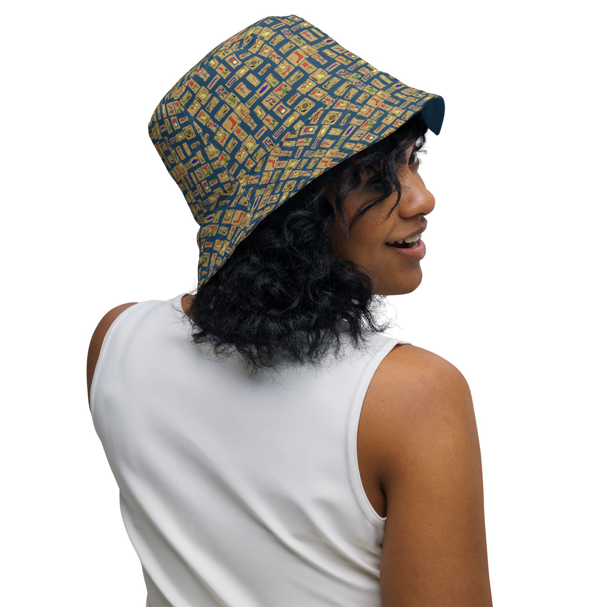 Nubia Hieroglyphics (Blue) Reversible bucket hat - Conscious Apparel Store