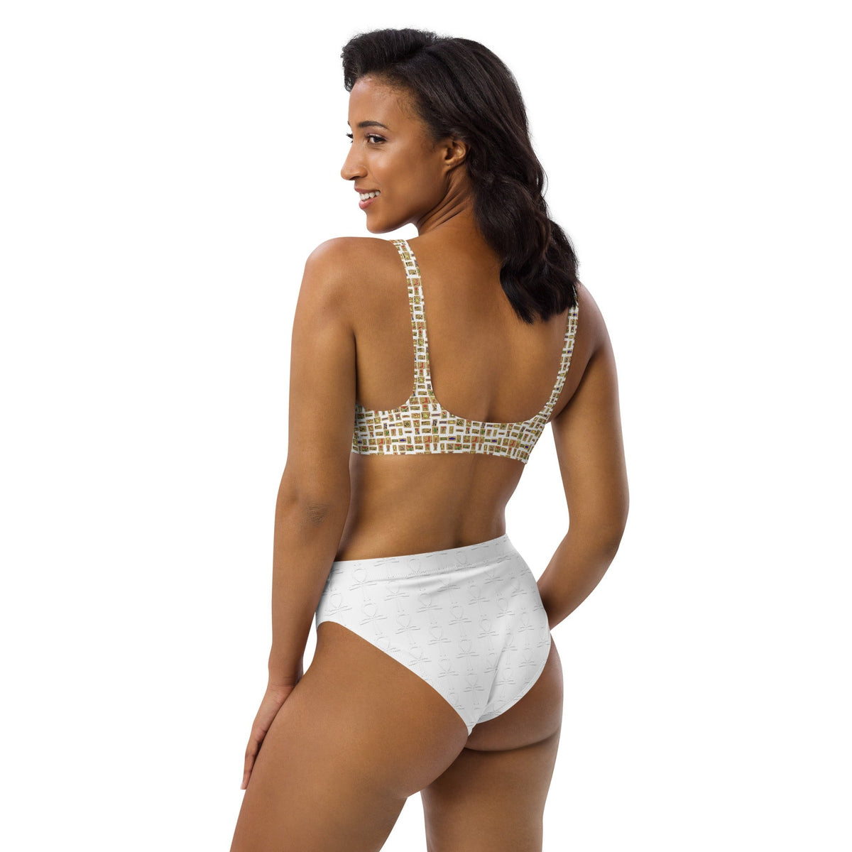 Nubian Ankh Cross high-waisted bikini (White)(6 Colors Available) - Conscious Apparel Store