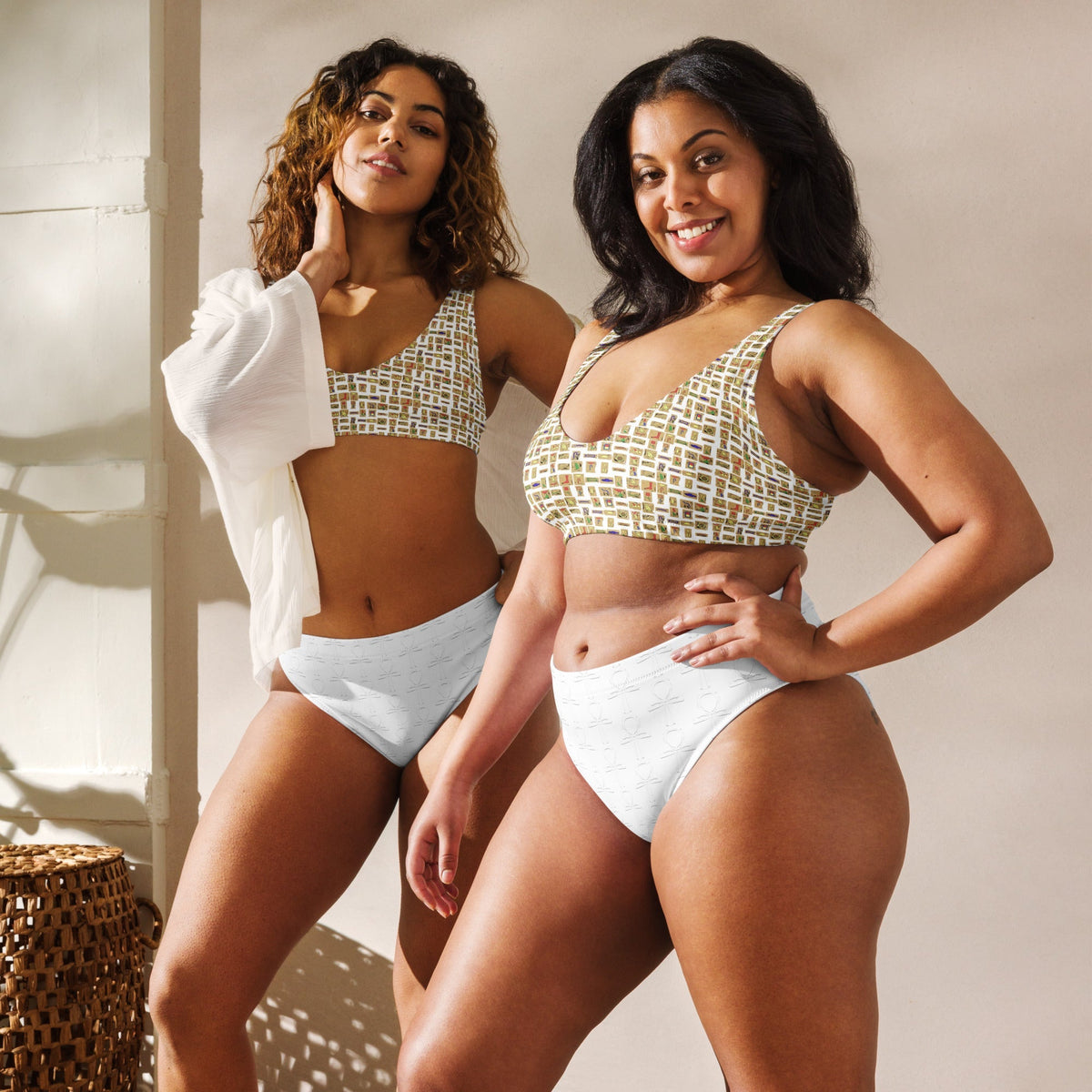 Nubian Ankh Cross high-waisted bikini (White)(6 Colors Available) - Conscious Apparel Store