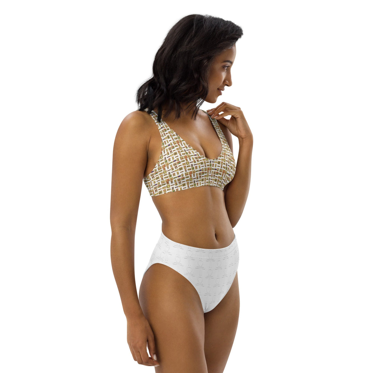 Nubian Ankh Cross high-waisted bikini (White)(6 Colors Available) - Conscious Apparel Store
