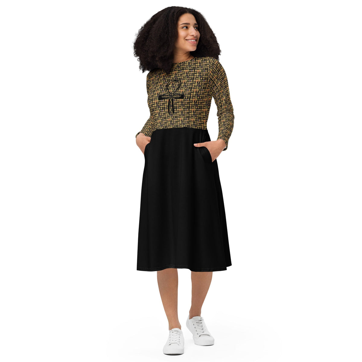 Nubian Ankh Cross long sleeve midi dress (Black) (6 Colors Available) - Conscious Apparel Store