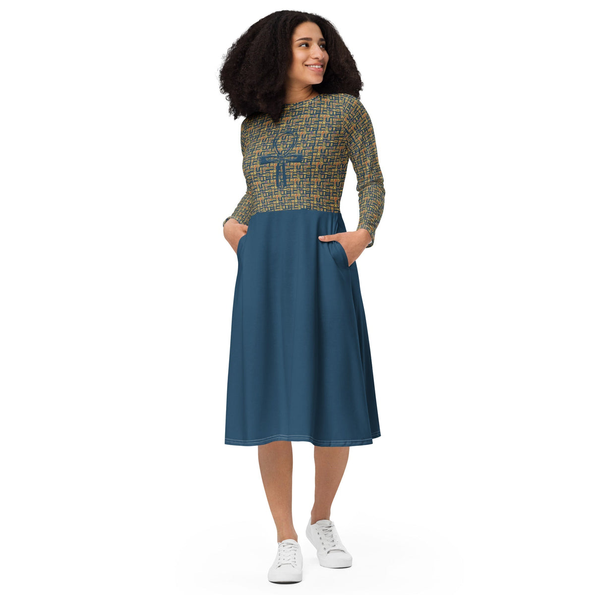 Nubian Ankh Cross long sleeve midi dress (Blue) (6 Colors Available) - Conscious Apparel Store