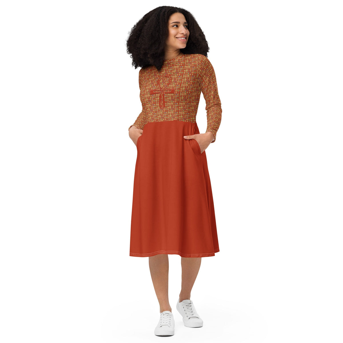 Nubian Ankh Cross Long sleeve midi dress (Red-Rust) (6 Colors Available) - Conscious Apparel Store