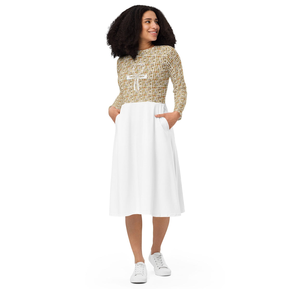 Nubian Ankh Cross long sleeve midi dress (White) (6 Colors Available) - Conscious Apparel Store
