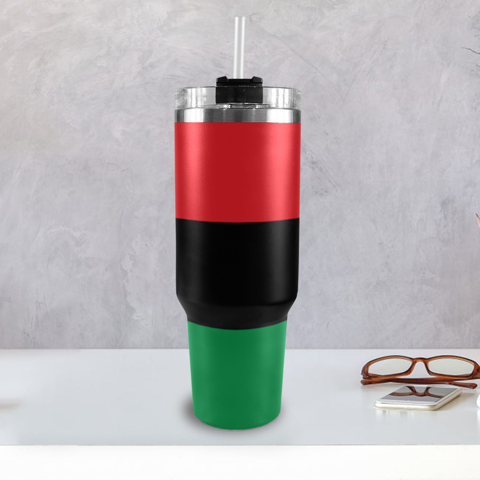 Pan African Flag 40oz Tumbler with Black Handle - Conscious Apparel Store
