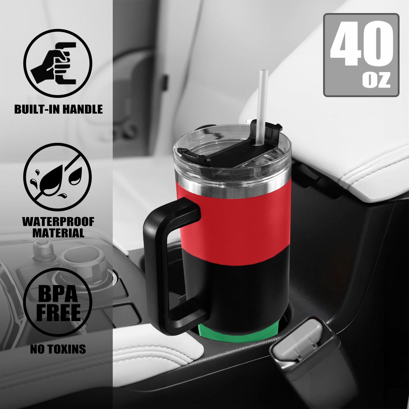 Pan African Flag 40oz Tumbler with Black Handle - Conscious Apparel Store