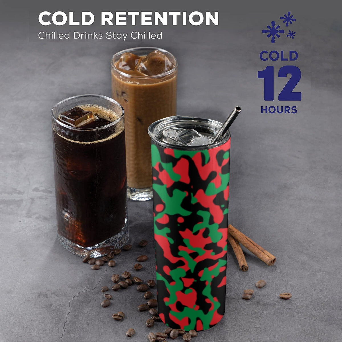 Pan African Flag Camo 20oz Tall Skinny Tumbler with Lid and Straw - Conscious Apparel Store