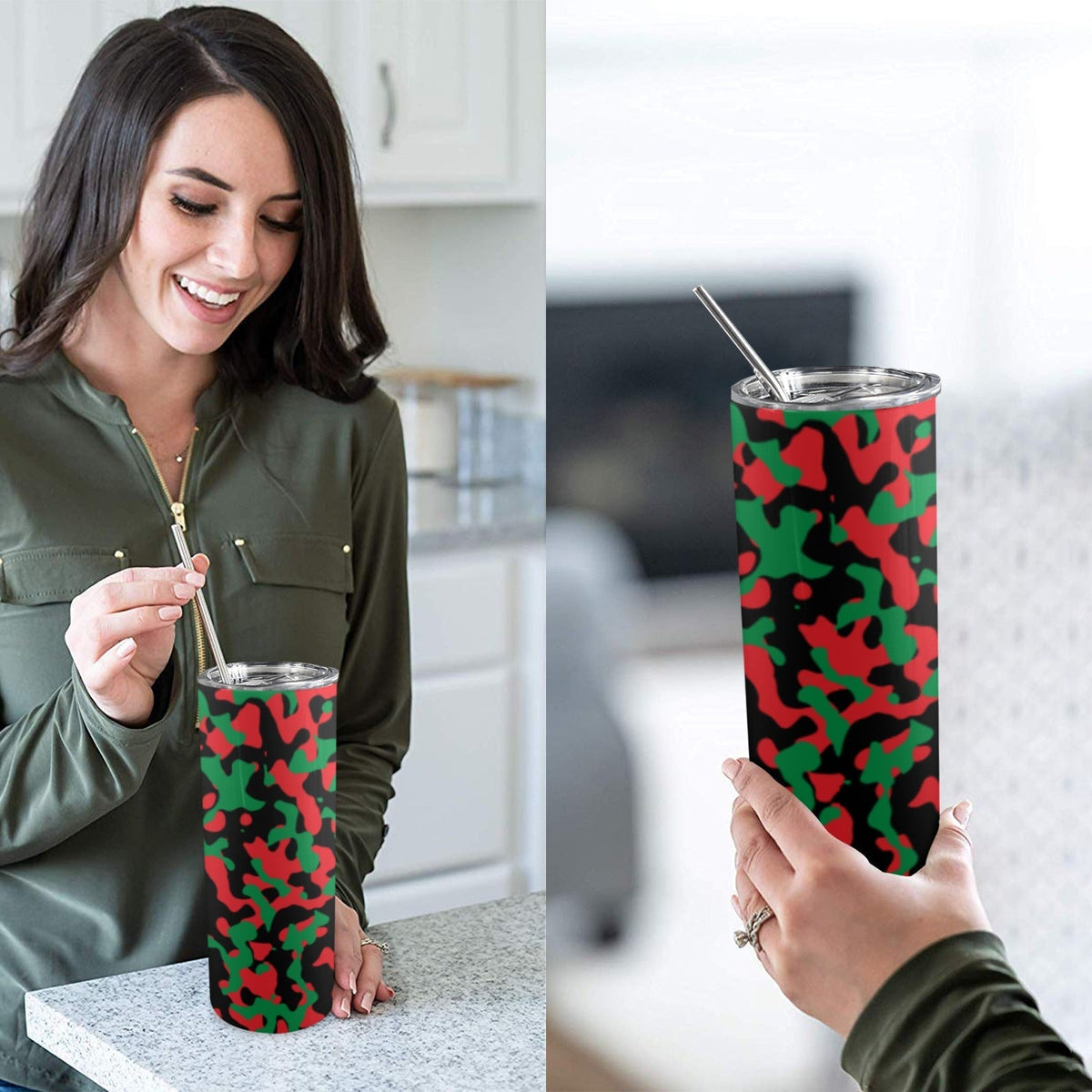 Pan African Flag Camo 20oz Tall Skinny Tumbler with Lid and Straw - Conscious Apparel Store