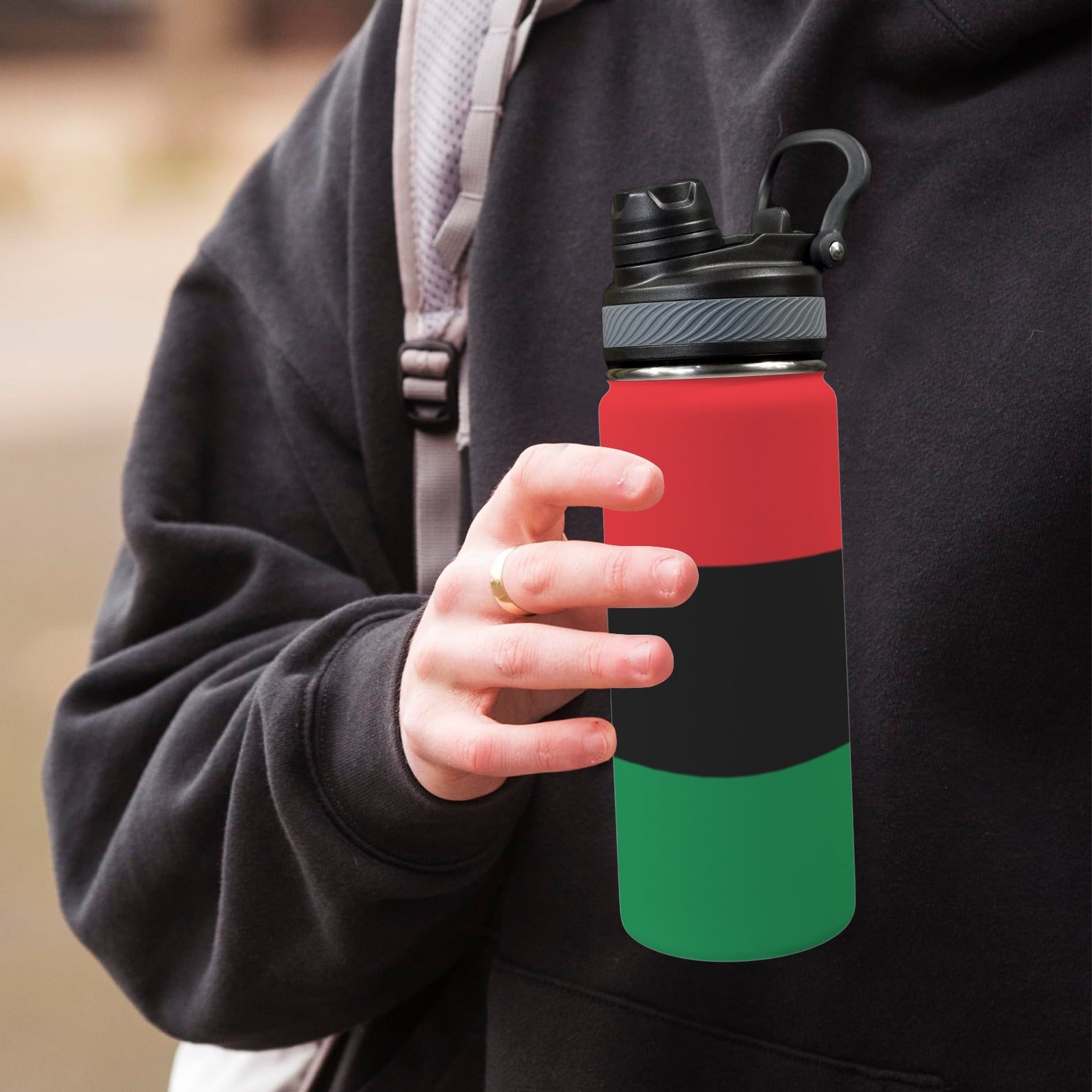 Pan African Flag Insulated Water Bottle with Dual - Use Lid (18oz) - Conscious Apparel Store