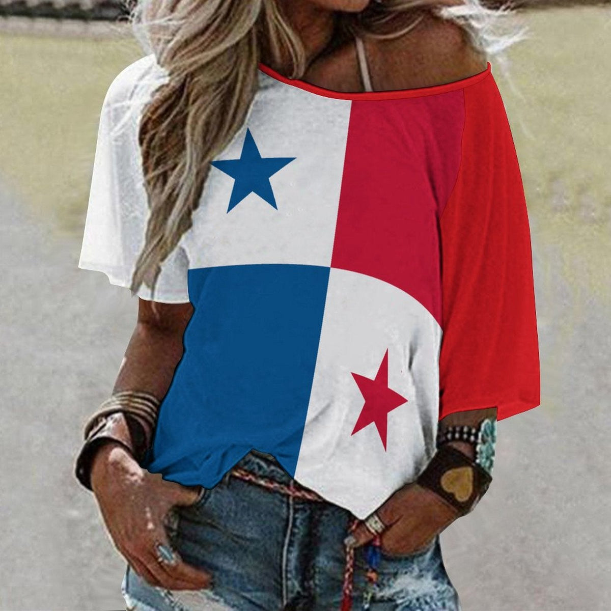 Panama Flag Women’s Loose Half-Sleeve Boat Neck T-Shirt - Conscious Apparel Store
