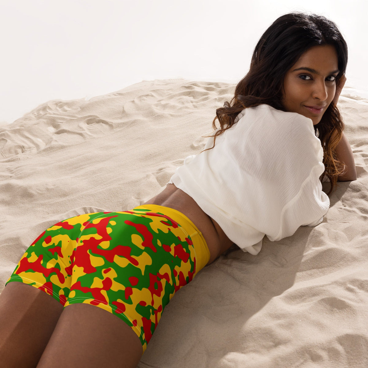 Rasta Flag Camo (Yellow) Yoga Shorts - Conscious Apparel Store