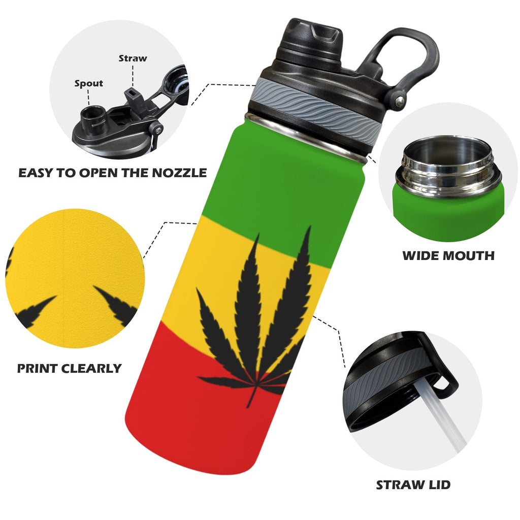 Rasta Leaf Flag Insulated Water Bottle with Dual - Use Lid (18oz) - Conscious Apparel Store