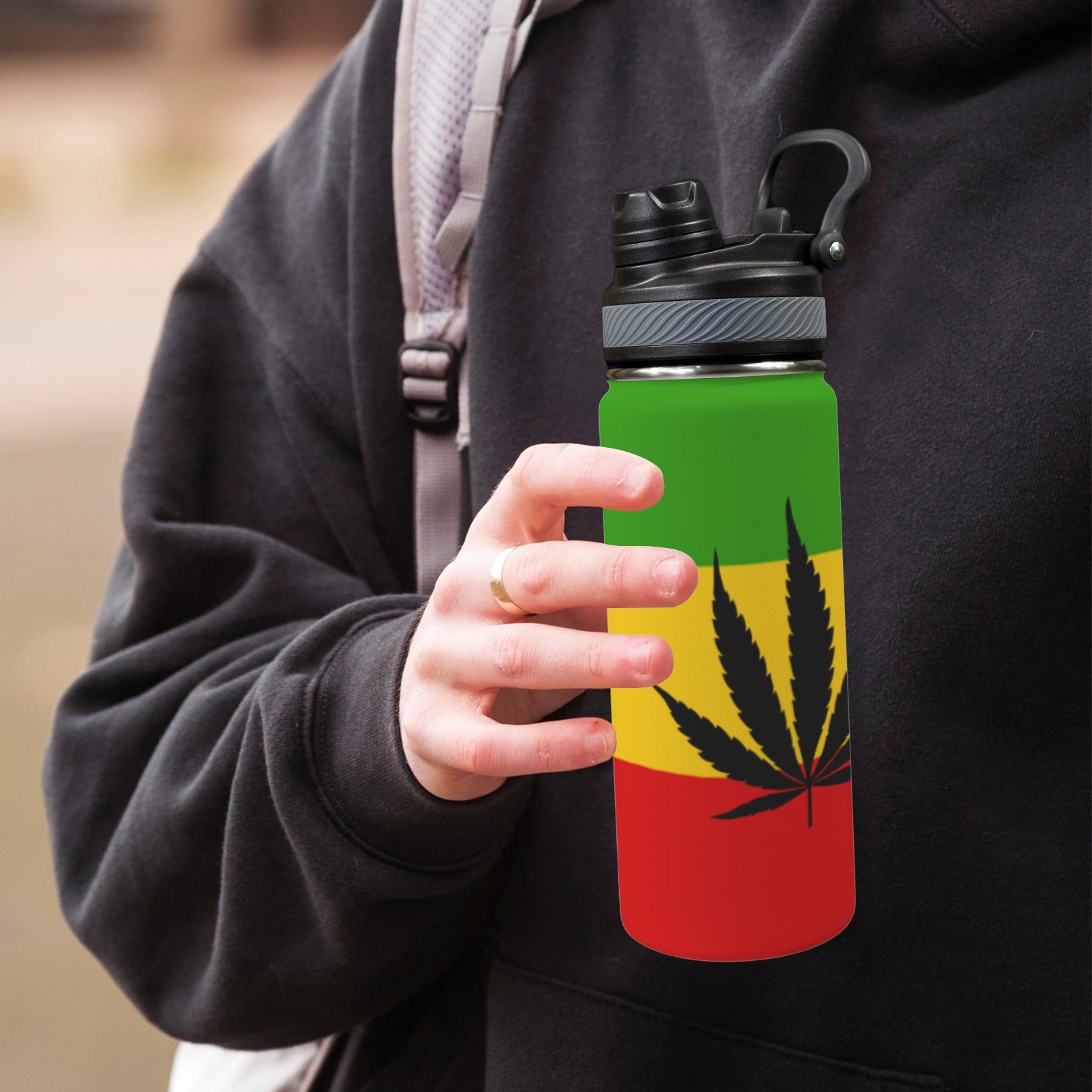 Rasta Leaf Flag Insulated Water Bottle with Dual - Use Lid (18oz) - Conscious Apparel Store