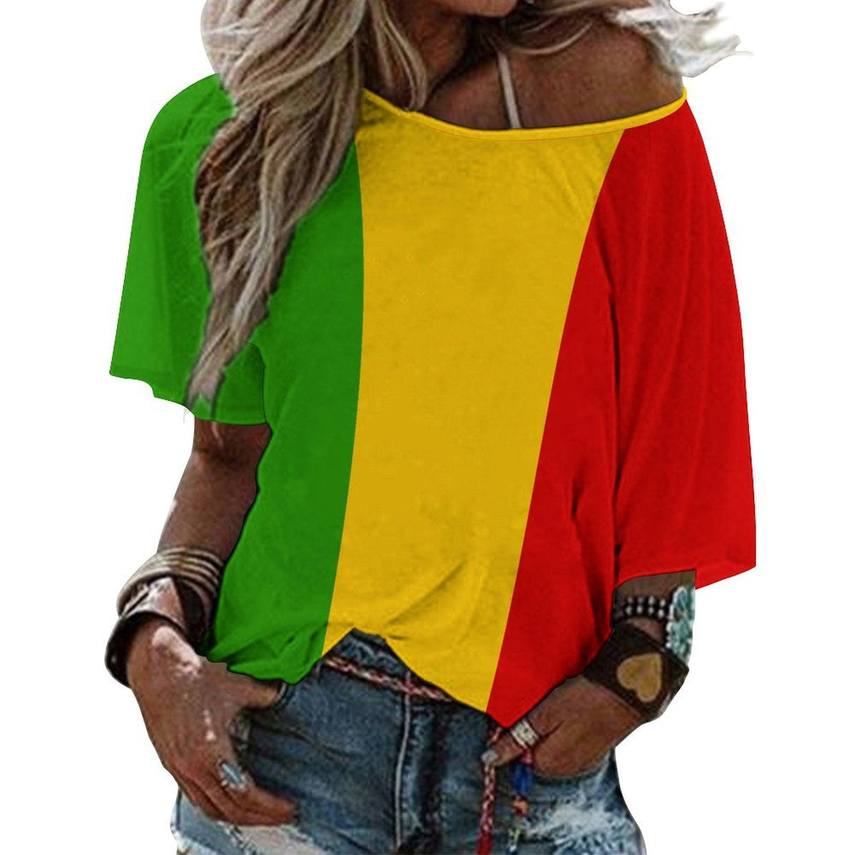 Rastafarian Flag Women’s Loose Half-Sleeve Boat Neck T-Shirt - Conscious Apparel Store