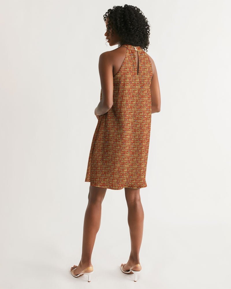Red Hieroglyphics Women's All-Over Print Halter Dress - Conscious Apparel Store