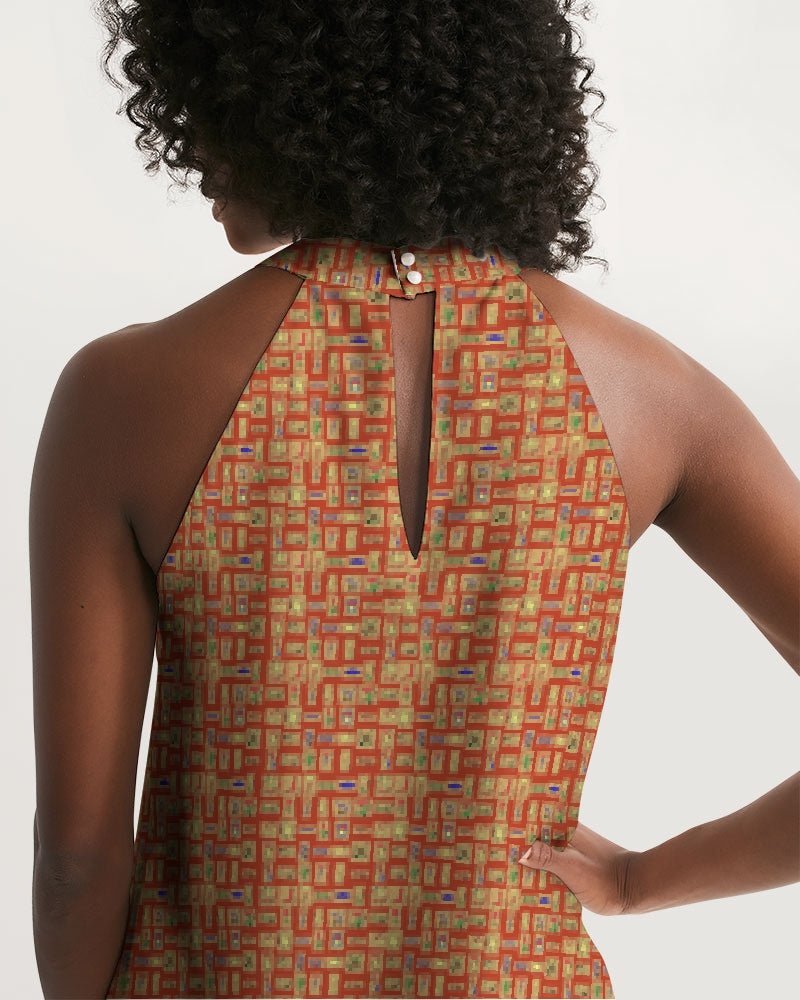 Red Hieroglyphics Women's All-Over Print Halter Dress - Conscious Apparel Store